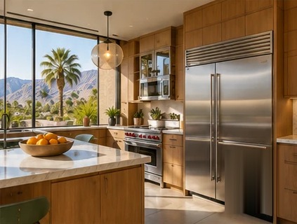 Sunlit kitchen with a built-in stainless steel refrigerator and mountain views