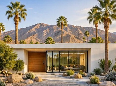 Desert modern home with palm trees and mountains