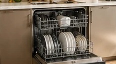 Open dishwasher with a loaded rack